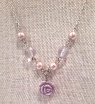 Vintage CLAIRE&#39;S Y Necklace Dainty Purple Flower and Pearl Silver tone C... - £5.38 GBP