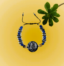 Painted Blue White Pomegranate Circle beaded Boho Floral adjustable bracelet - £39.56 GBP
