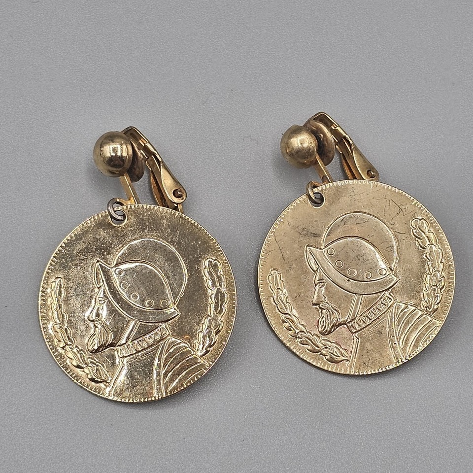 Vasco Nunez de Balboa Panama Clip On Earrings Gold Tone Dangle Replica Coin - $19.99