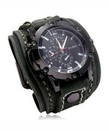 Wide Leather Watch Cuff Band Brown Wrist Black Strap Punk Retro Quartz M... - $34.16 CAD