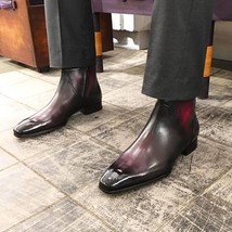 Handmade Men&#39;s Burgundy Leather Chelsea Boots Chisel Burnish Toe Zipper ... - $148.49+