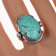 sz7 Large Southwestern Modernist vintage silver and turquoise ring - £138.82 GBP