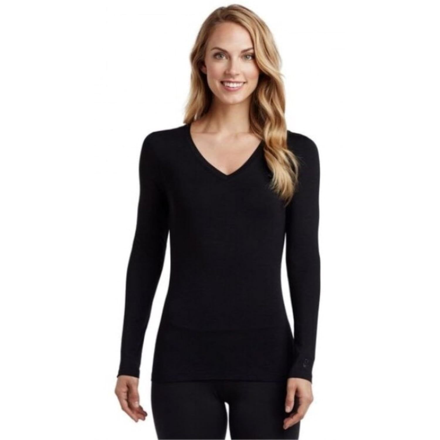 Cuddl Duds Softwear with Stretch Long Sleeve V-Neck Top for Women (Black) (Mediu