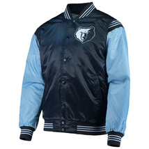 NBA Memphis Grizzlies Navy Blue Sky Blue Satin Letterman Baseball Varsity Jacket - £111.07 GBP