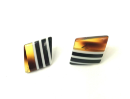 Vtg Earrings Plastic Brown Amber Tone with Black white Stripes Pierced M... - £7.75 GBP