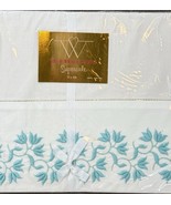 Vintage Wamsutta Supercale 72x108 White Flat Sheet Turquoise Embroidery NOS - $32.34 CAD