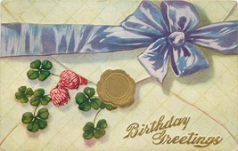 Happy Birthday Victorian Postcard M085 Embossed 1912 Four Leaf Clovers B... - $3.81