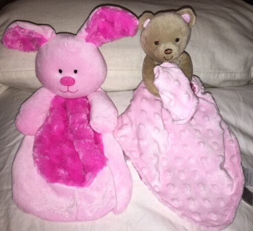 2 Lovey Security Blankets Carters Pink Dot Teddy Bear Rattle & Baby Gear Rabbit - £16.77 GBP