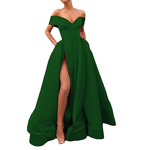 Kivary Off Shoulder Front Slit Long Ball Gown Prom Dress with Pockets Emerald Gr