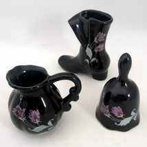 Black Porcelain Mini Figurine Vanity Set Victorian Boot Bell Pitcher Flo... - $35.28