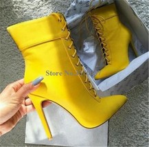 Women Elegant Fashion Pointed Toe Suede Leather Stiletto Heel Short Boots Yellow - £115.30 GBP
