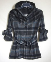 Plaid WOOL COAT Bell Sleeve Cowl Neck Buckles Blue Belt VAGUES Small SASSY! - $61.75