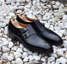Handmade men&#39;s bespoke genuine calf leather black monk strap dress shoes - £140.58 GBP+