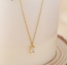 14K Gold Squared Solitaire Necklace- 925 Silver, gift, tiny, simple, sparkle - £35.52 GBP
