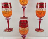 4 Stimas Red Gold Scrolls Wine Glasses Set Handcraft Art Glass Romania S... - $56.30