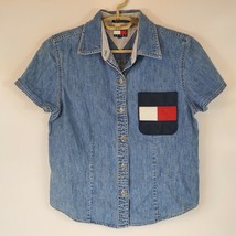 Tommy Jeans Womens Size 8 Denim Shirt Big Flag Short Sleeve Great Used Condition - £19.42 GBP