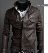 Men Stand Collar Leather Jacket, Mens Brown Jacket, Men&#39;s Biker Leather Jacket - £129.74 GBP