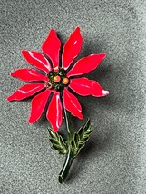 Vintage Red Enamel Poinsettia Flower Christmas Holiday Pin Brooch – 2 and 3/8th’ - £10.37 GBP