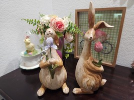 2pc Easter Spring Floral Resin Bunny Rabbit Figurine Tabletop Home Decor 9.25&quot; - £55.81 GBP