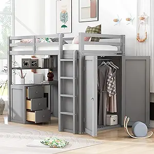 Merax Twin Size Loft Bed with Drawers, Desk, and Wardrobe, No Box Spring... - $1,072.99