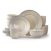 Elama Market Finds 16 Piece Round Stoneware Dinnerware Set in Embossed White - £103.32 GBP