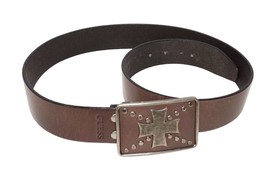Vintage Guess Mens 48&quot; Long - Brown Leather Casual Belt with Metal Cross Buckle - £11.88 GBP