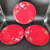 Tracy Porter Dinner Plates 11&quot; 3 Pc Jolly Ol Snowy Plums Holly on Red Ch... - $23.00