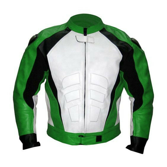 Custom Men Green & White Biker Black Stripped Elegant Leather Safety Pad Jacket