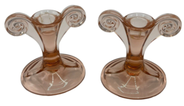 Fostoria Glass Vintage Scroll Candle Stick Holder Set Clear / Pink 5&quot; Tall - $45.00