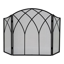 Gothic Fireplace Screen 3 Panel Handles Steel Black Gate Protector Acces... - $71.77