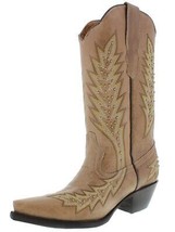 Womens Light Brown Western Cowboy Boots Gold Studded Embroidered Snip Toe - £65.13 GBP