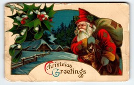 Santa Claus Christmas Postcard Old World Red Gold Robe Reindeer 1914 Saxony Gel - £9.18 GBP