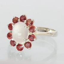 Pink Tourmaline with Red Sapphire Halo Handmade Silver Ladies Ring size 10.25 - £90.80 GBP