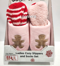 Christmas Pink Gingerbread Women&#39;s Cozy Slippers &amp; Socks Large  L (8-9) - £26.10 GBP