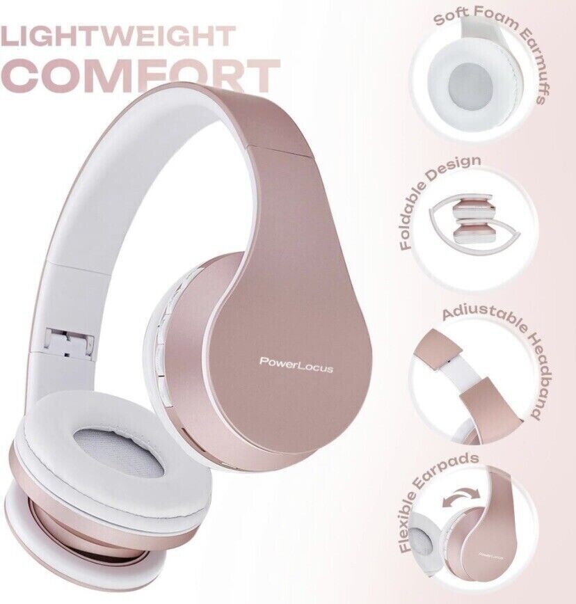 PowerLocus Kids Bluetooth Over-Ear Headphones w/Case, LG IPAD~ Rose Gold ~ New