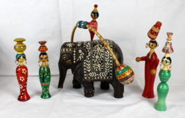 Egyptian Folk Art Wooden Spindal Dolls &amp; Elelphant Stamped-Large Wood Ch... - £505.21 GBP