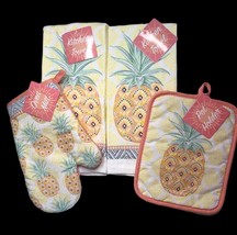 Pineapple Welcome Kitchen Dish Towels Oven Mitt Pot Holder Set of 4 Summ... - £19.46 GBP