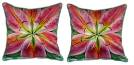 Pair of Betsy Drake Pink Lily Large Pillows 18 Inch x 18 Inch - £71.21 GBP