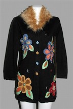 VTG Storybook Beaded Embroidered Flowers Faux Fur Collar Long Cardigan Wm&#39;s XS - £35.96 GBP