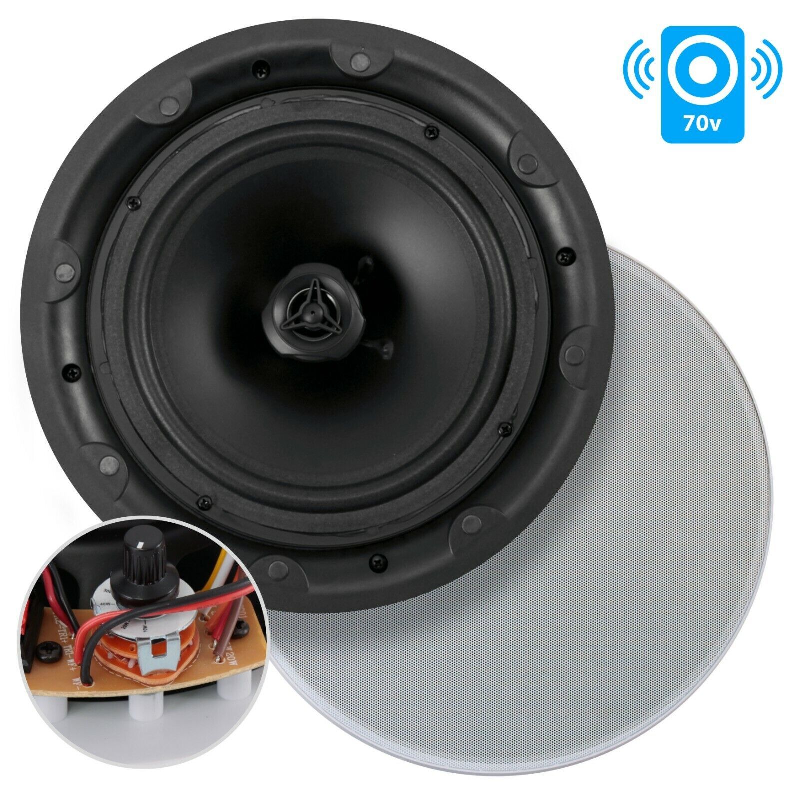 8.0 In-Wall /In-Ceiling Speaker Flush Mount Low-Profile 70 Volt Magnetic Grill