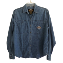 Harley Davidson Denim Snap Button Shirt Womens Size L Embroidery Pocket Med Wash - £18.02 GBP