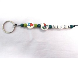 2 TONE GREEN BEADS &amp; I and RED HEART ROUND CERAMIC PARROT BIRDS TEXT KEY... - $9.75 CAD