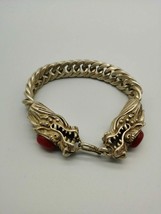 Chinese Old Tibetan Silver Inlaid Red Jade Dragon Bracelet - £15.37 GBP