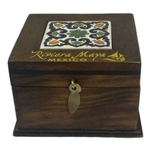 Vintage Art Tile Top Small Wood Jewelry Trinket Box Riviera Maya Mexico Handmade - £25.66 GBP