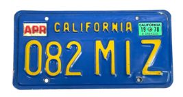 California License Plate 082 MIZ Blue Yellow April 1978 &quot;The Miz&quot; WWE Wrestler - £55.31 GBP