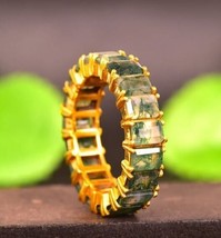 Baguette Moss Agate Wedding Band Unique Full Eternity Gemstone Bridal Stacking - £81.92 GBP