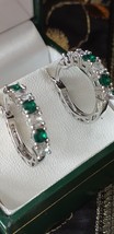 Vintage 1990-s Emeralds and Zircons 925 Sterling Silver Hoop Earrings - £76.66 GBP
