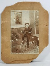 Antique Cabinet Card Photo Young Boy High Wheel Bicycle Wearing His Patriotic... - £37.44 GBP