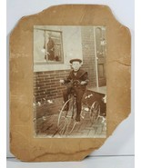 Antique Cabinet Card Photo Young Boy High Wheel Bicycle Wearing His Patr... - £37.62 GBP