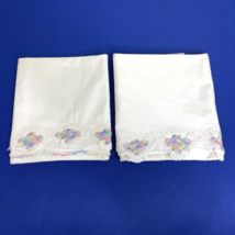 LOT 2 Vintage Embroidered and Crocheted Pillowcases 30 x 20 Multicolor Flowers - £17.56 GBP